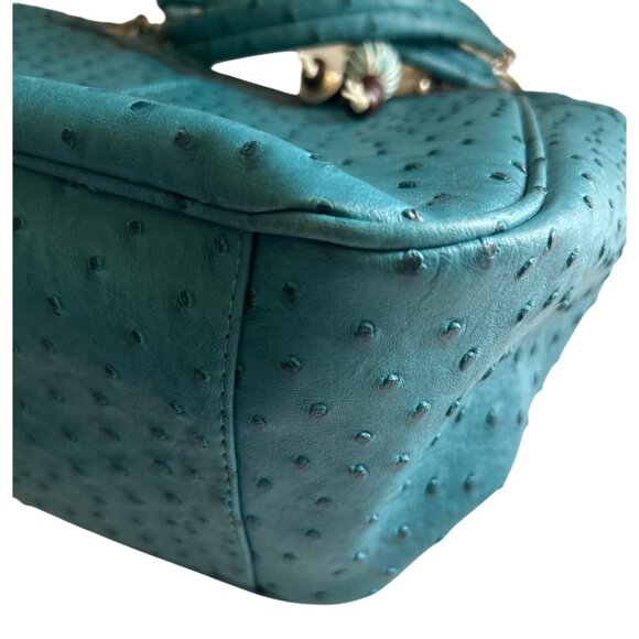 Teal Simulated Ostrich Faux Leather Shoulder Bag With Chain Handles - Picture 10 of 13